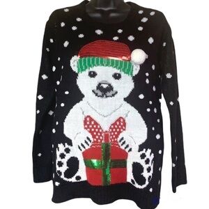 Vintage🧚‍♀️black ugly Christmas polar bear with polka dot print sweater size M